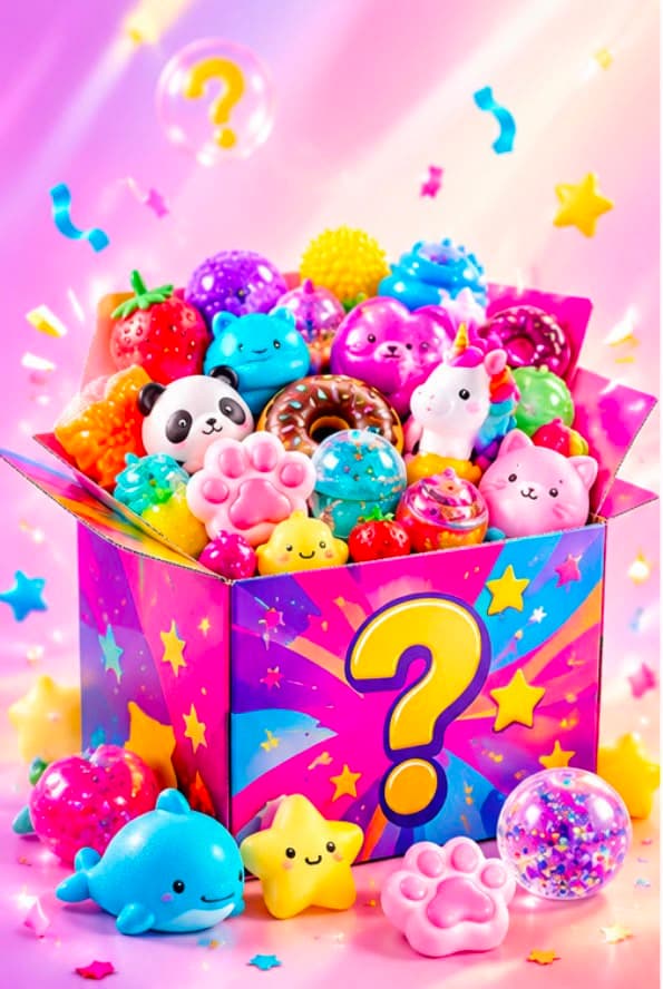 A mystery box overflowing with colourful squishy toys β panda, unicorn, donut, cat and more