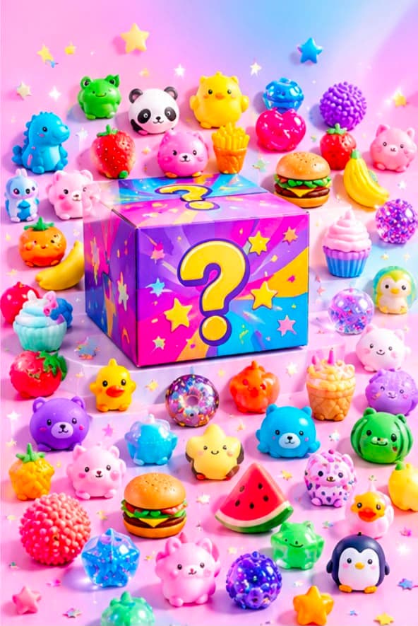 A question-mark mystery box surrounded by dozens of different squishies