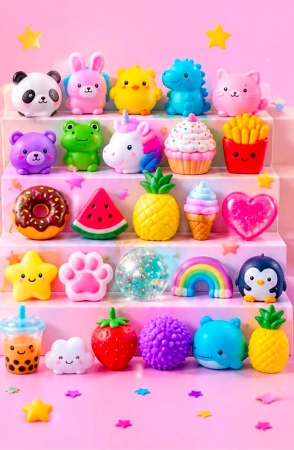 Rows of squishies β animals, fruit, desserts, rainbows and more