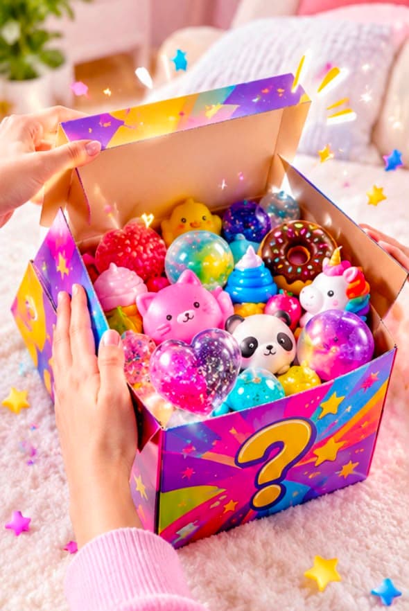 Hands opening a squishy mystery box on a soft blanket